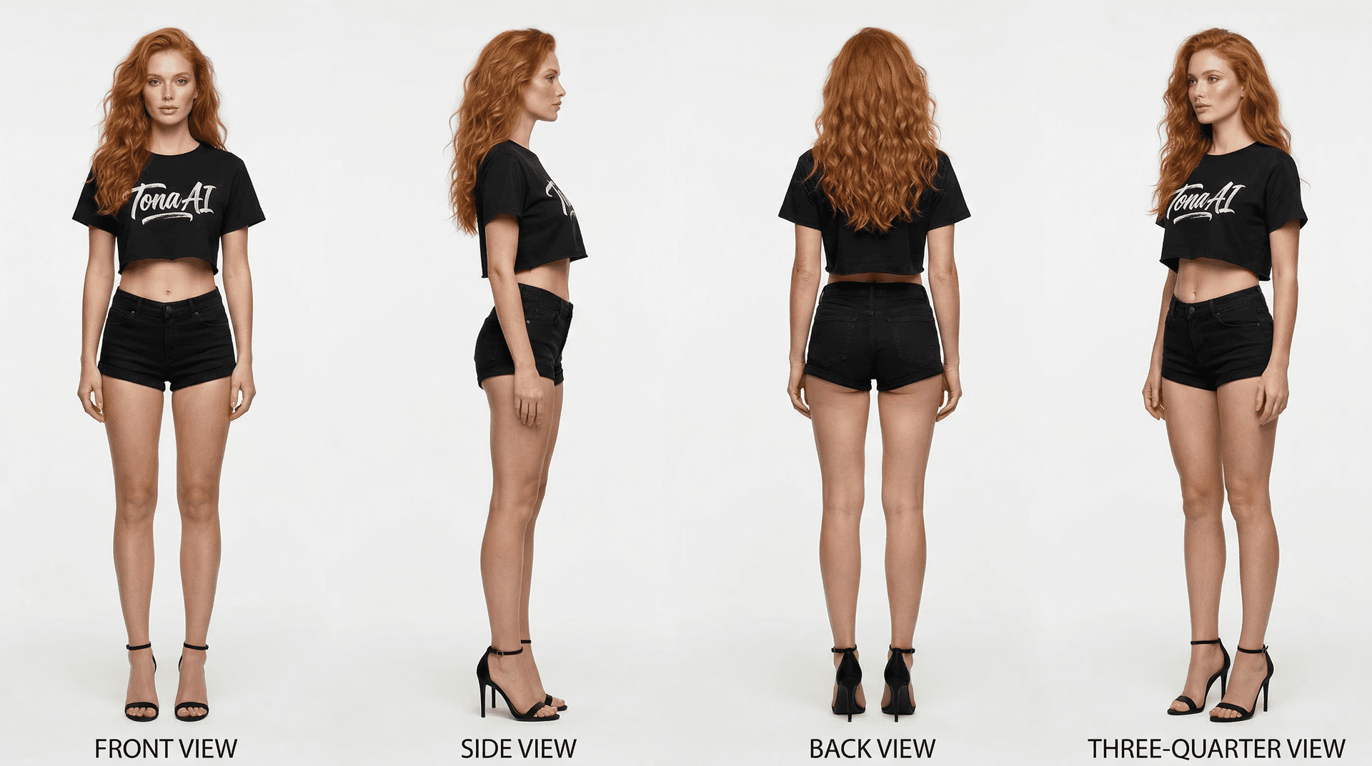 Redhead Fashion Model with Calligraphy Tee – Ultra Realistic Turnaround